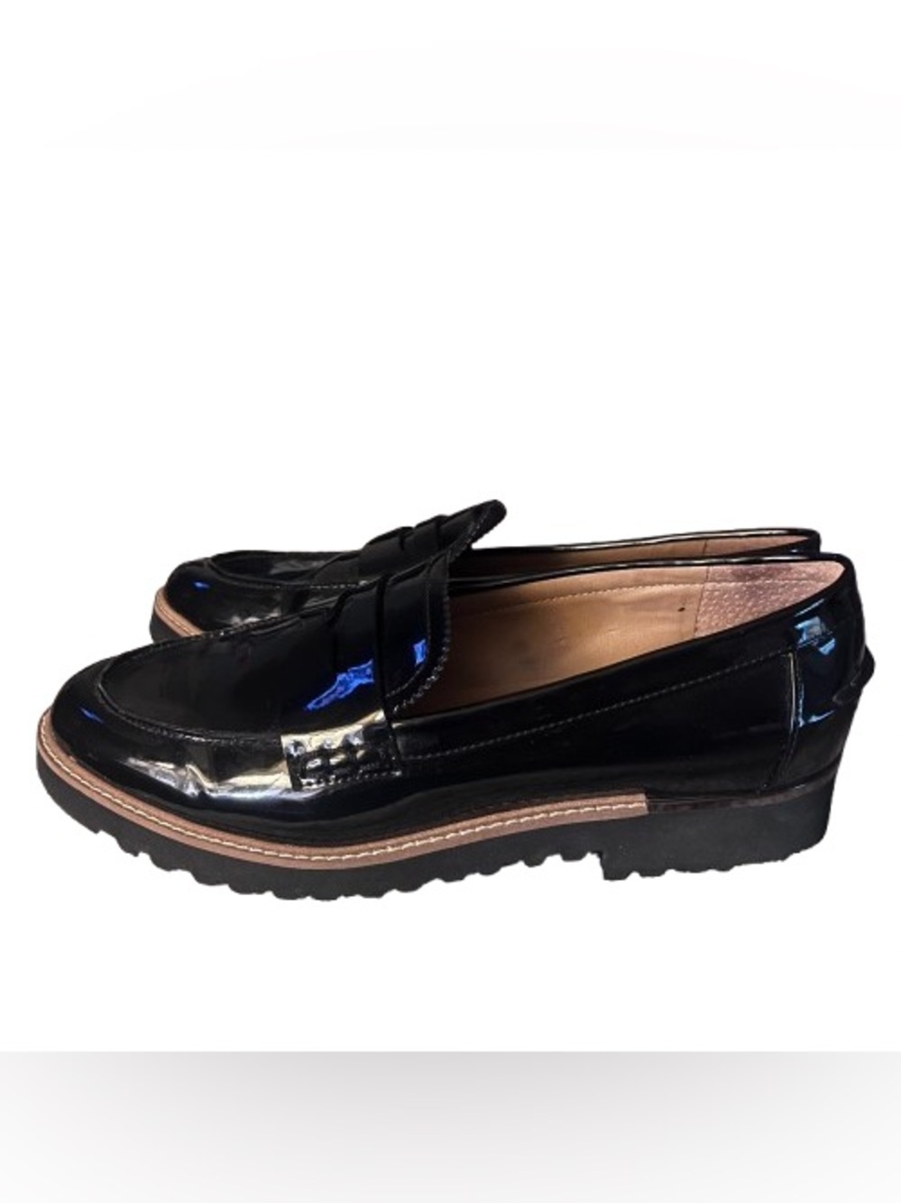 Franco Sarto Cedra Black Patent Penny Loafers Lug Sole 7.5 Dark Academia